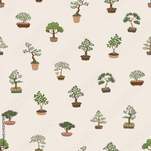 Bonsai plants seamless vector hand drawn pattern