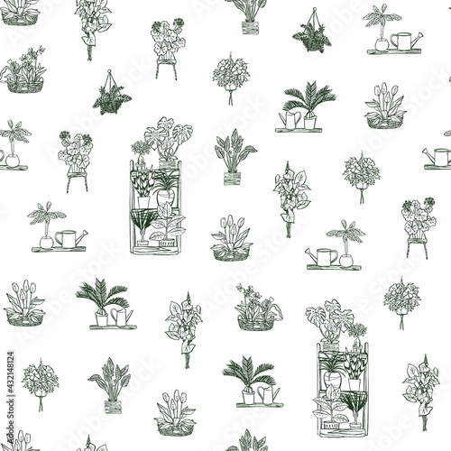 home plants hand drawn vector illustrations seamless pattern