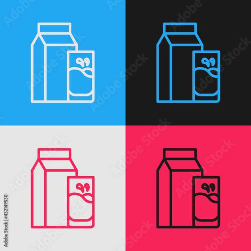 Pop art line Paper package for kefir and glass icon isolated on color background. Dieting food for healthy lifestyle and probiotics fulfillment. Vector