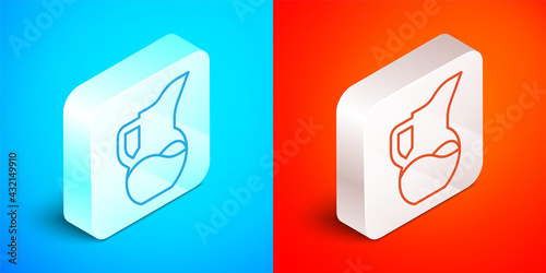 Isometric line Milk jug or pitcher icon isolated on blue and red background. Silver square button. Vector