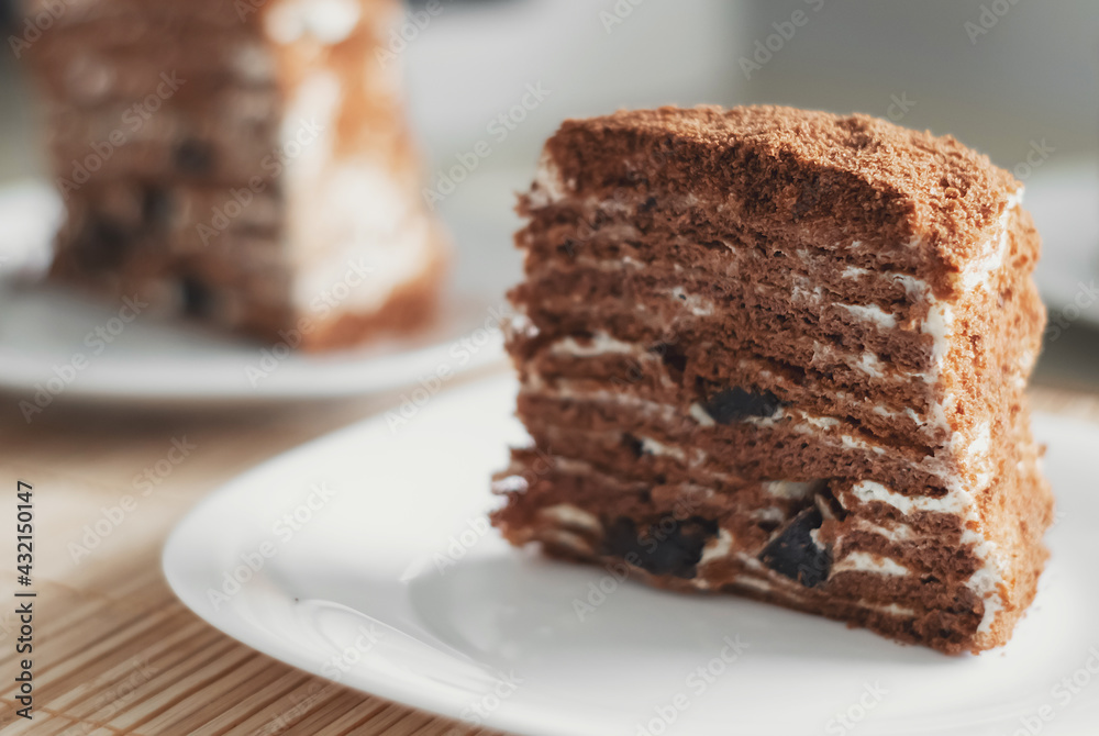 a piece of honey chocolate cake on a plate a piece of honey chocolate cake on a plate