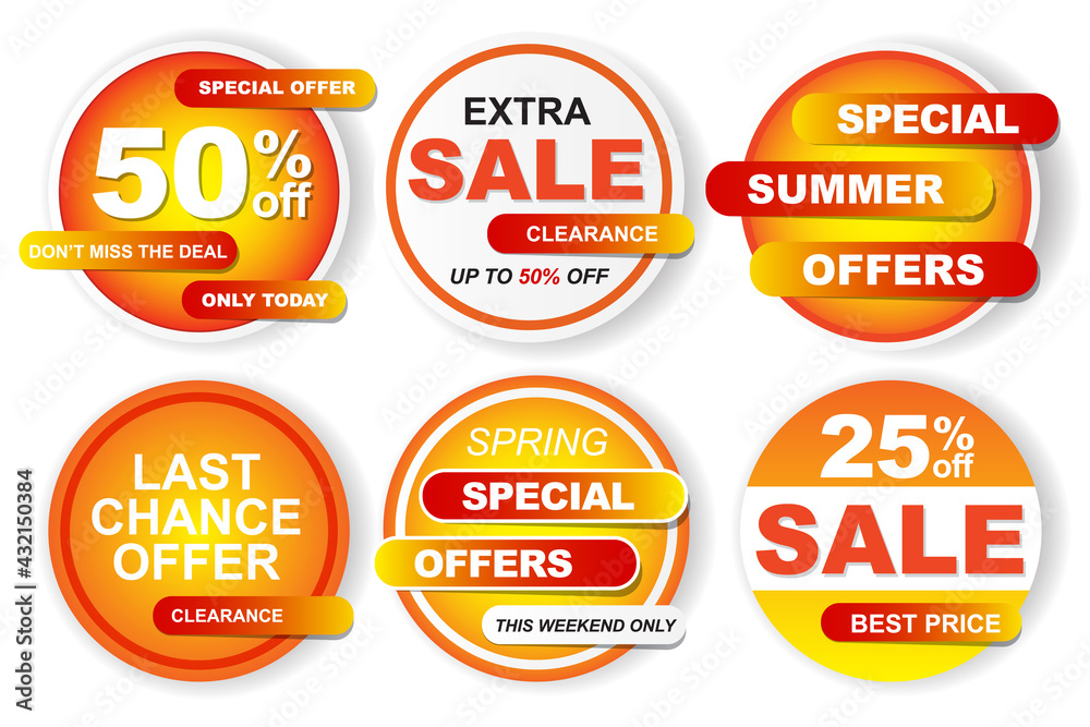 Fototapeta premium Discount stickers, special offer stickers, seasonal clearance buttons. Special offer, limited, sticker, banner, label vector. Set