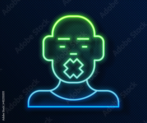 Glowing neon line Head of deaf and dumb guy icon isolated on blue background. Dumbness sign. Disability concept. Vector