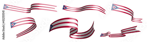 Set of holiday ribbons. Flag of american state of Ohio waving in wind. Separation into lower and upper layers. Design element. Vector on white background