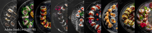 Banner for sushi roll menu. collage of different plates of sushi in assortment