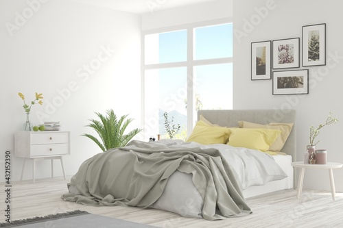 Soft color bedroom interior. Scandinavian design. 3D illustration