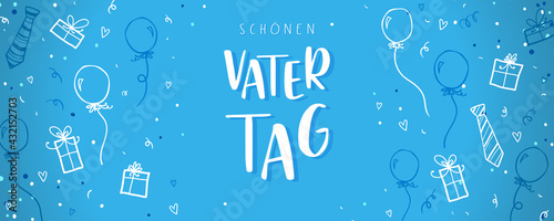 Cute Father's Day design in german language saying "Happy Father's Day", hand drawn doodles, gift boxes, balloons, confetti - great for banners, wallpapers, cards, image covers - vector design