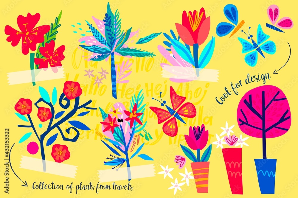 Fototapeta premium Vector set of plants, trees and flowers.