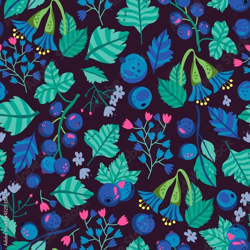 Vector seamless pattern of blue berries, leaves and flowers. (ID: 432153583)