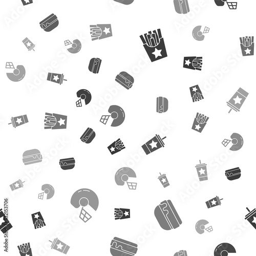 Set Potatoes french fries in box, Burger, Paper glass with straw and American football helmet on seamless pattern. Vector