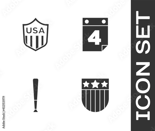 Set Shield with stars, , Baseball bat and Calendar date July 4 icon. Vector