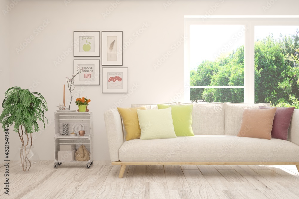 Fototapeta premium White living room with sofa and summer landscape in window. Scandinavian interior design. 3D illustration