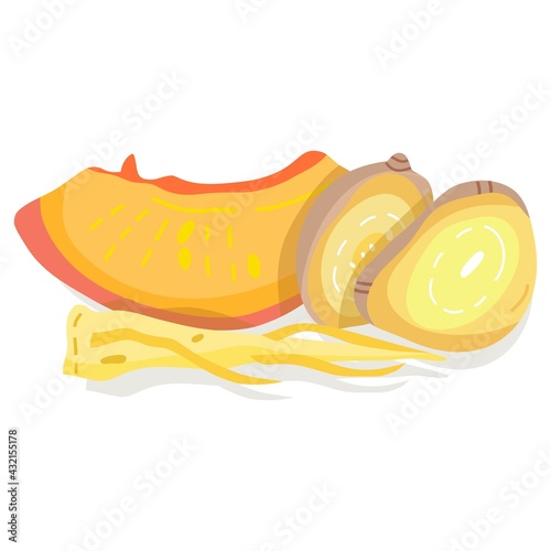 Vector isolated illustration. Mix of peach, ginger and ginseng. (ID: 432155178)