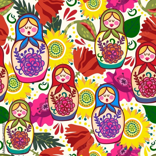 Vector bright seamless pattern of Russian dolls and sunflowers. (ID: 432155378)