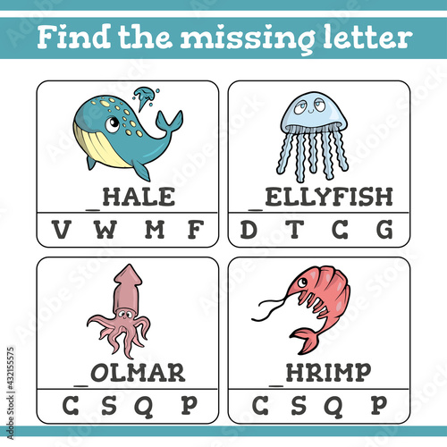 Forest animals Find the missing letter Game for Preschool Children. Vector illustration