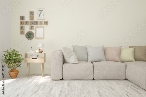 Soft color living room with sofa. Scandinavian interior design. 3D illustration