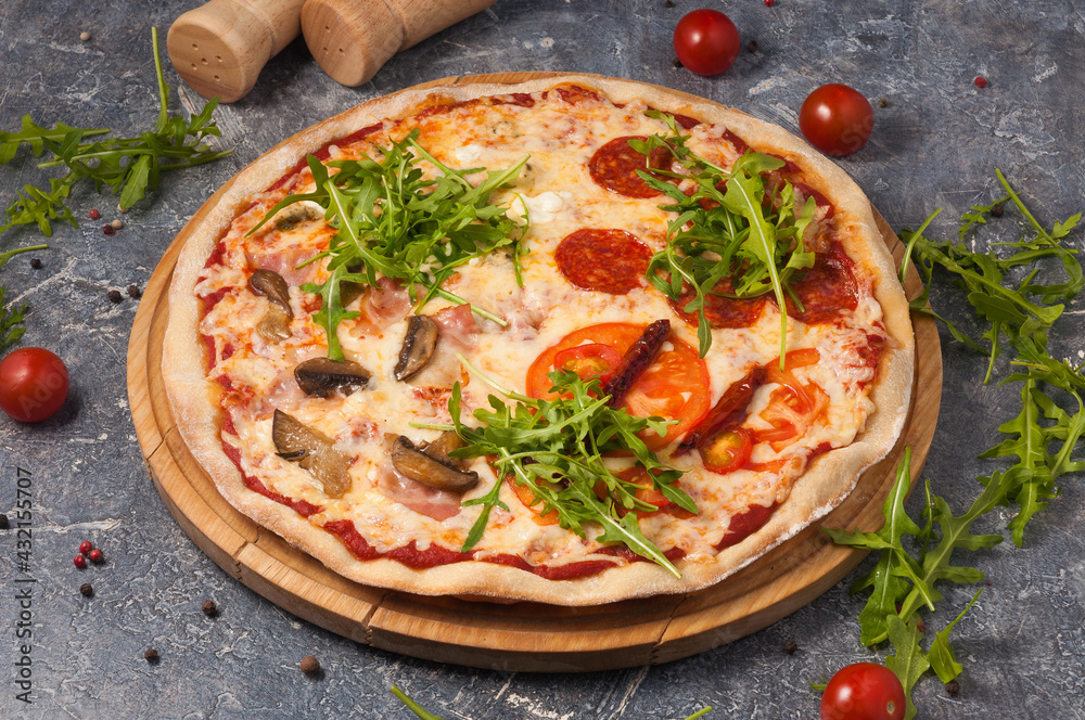 assorted pizza with different fillings: salami, tomatoes, mushrooms, bacon, sun-dried tomatoes. Horizontal frame