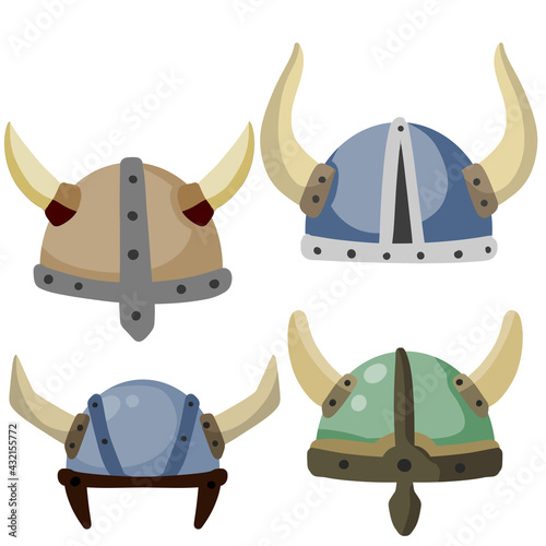 Horned helmet of Viking. Armor of Scandinavian barbarian. Protecting the soldier head. Medieval object. Flat cartoon illustration