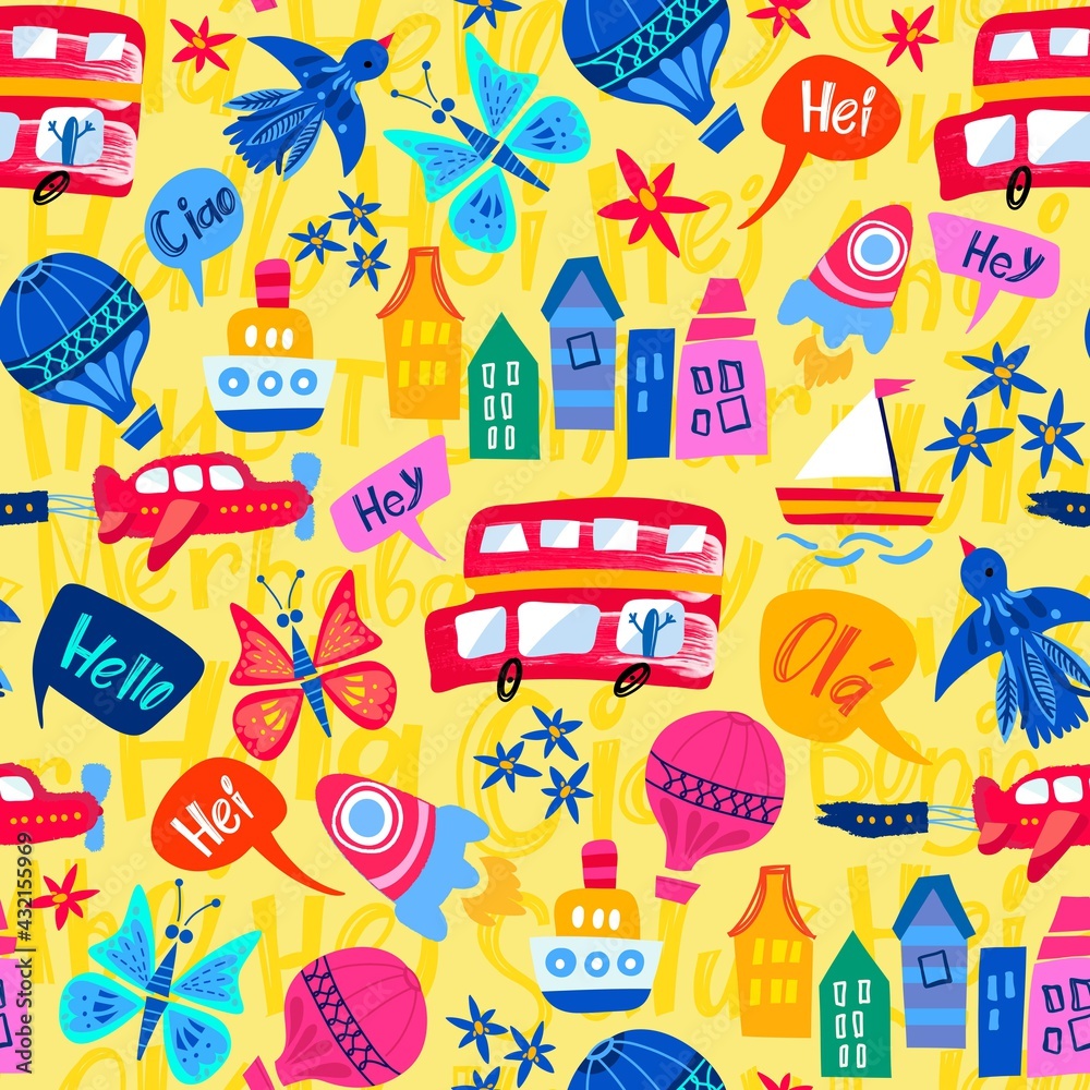 Vector seamless pattern of buses, ships, clouds, air balloons, rockets, colourful houses, flowers and etc.