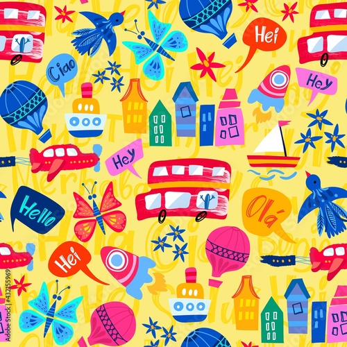 Vector seamless pattern of buses, ships, clouds, air balloons, rockets, colourful houses, flowers and etc. (ID: 432155969)