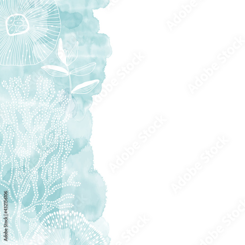 ector illustration with hand-drawn sea plants and blue watercolor fragment on a white background. Marine background. Illustration with space for text, can be used creating card or invitation card.