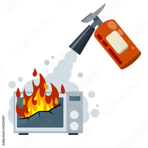 Fire fighting. Job of a firefighter. Flat cartoon illustration. Danger and problem. Broken Home appliances microwave. Red fire extinguisher