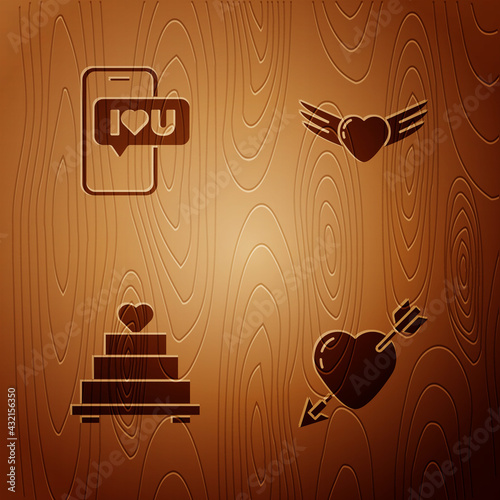 Set Amour with heart and arrow, Mobile, Wedding cake and Heart wings on wooden background. Vector