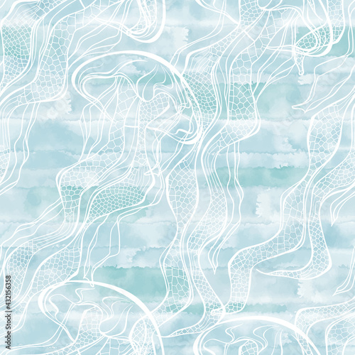 Seamless vector pattern with jellyfish on blue watercolor background. Perfect for design templates, wallpaper, wrapping, fabric and textile. Abstract nature background.