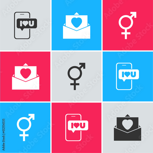 Set Mobile with heart, Envelope Valentine and Gender icon. Vector