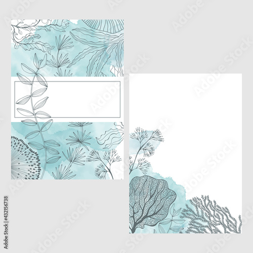 Pre-made design on the marine theme with seaweed , watercolor spots and place for text. Vector layout decorative greeting card or invitation design background. Two different options.