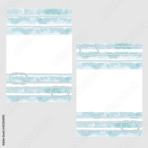 Pre-made design on the marine theme with ropes, knots watercolor stripes and place for text. Vector layout decorative greeting card or invitation design background. Two different options.