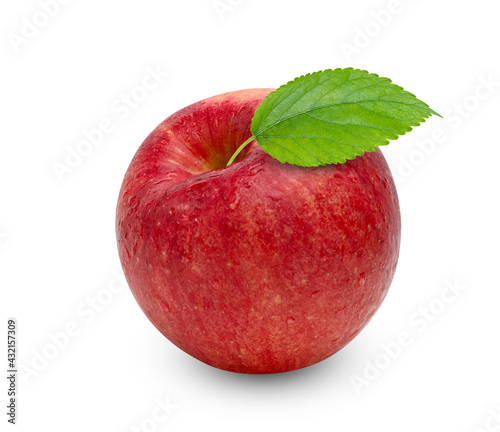 red apple with green leaf and water drop isolated on white background ,include clipping path