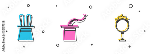 Set Magician hat and rabbit ears, and Circus fire hoop icon. Vector