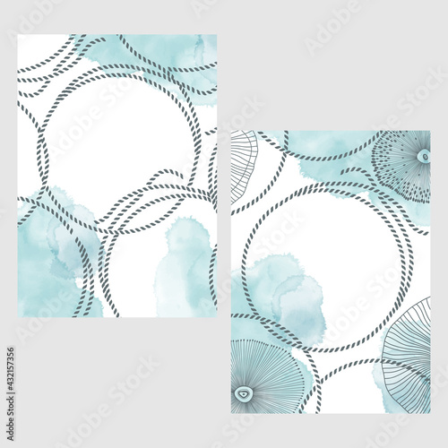 Set of card with seaweed , knots , ropes, watercolor spots and place for text . Sea ornament concept. Poster, invite. Vector layout decorative greeting card or invitation design background.