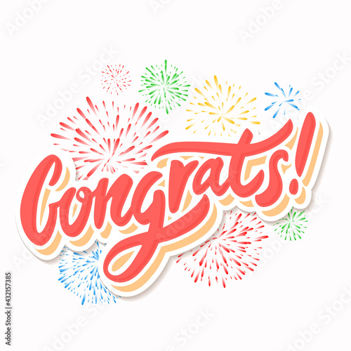 Congrats. Greeting card. Vector handwritten lettering with firework background.