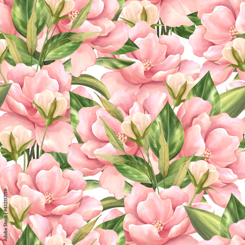 Seamless pattern with pink flowers. Floral background