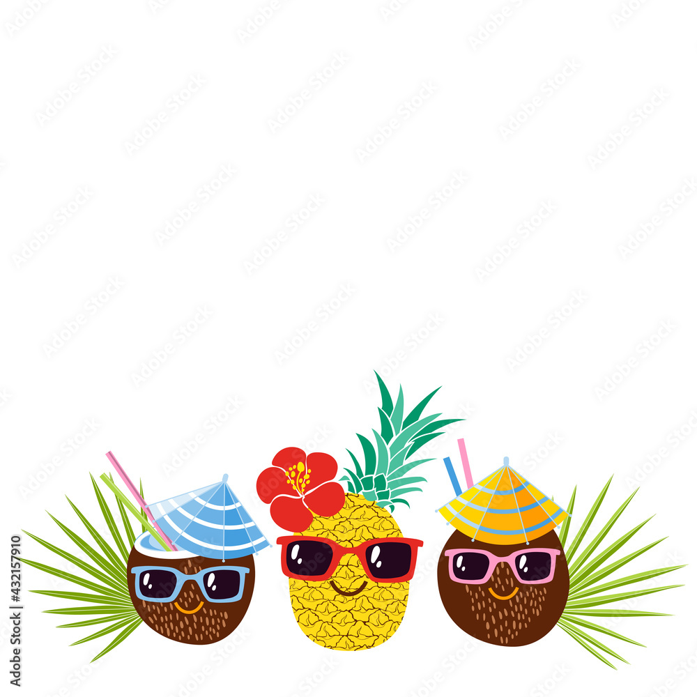 Tropical invitation card template. Three adorable cartoon characters - two  cheerful coconuts and pineapple. Vector layout decorative greeting card or  invitation design background with place for text. Stock Vector | Adobe Stock