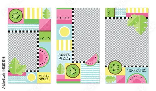 Colorful summer fruit social media story template set, abstract cute design photo frame layouts