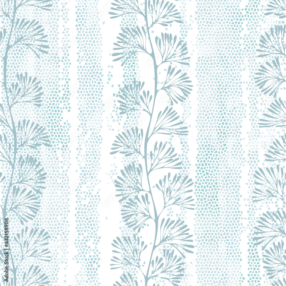 Seaweed. Seamless vector pattern with underwater plants on blue mosaic watercolor background. Abstract floral texture. Perfect for design templates, wallpaper, wrapping, fabric and textile.