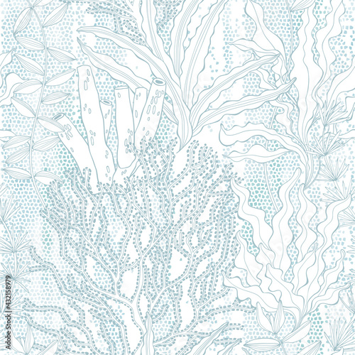 Seaweed. Seamless vector pattern with underwater plants on blue mosaic watercolor background. Abstract floral texture. Perfect for design templates, wallpaper, wrapping, fabric and textile.