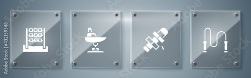 Set Jump rope, Hopscotch, Swing boat and Tic tac toe game. Square glass panels. Vector