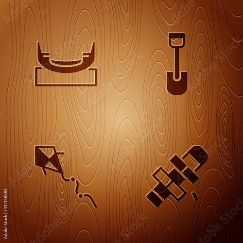 Set Hopscotch, Boat swing, Kite and Shovel toy on wooden background. Vector