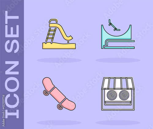 Set Shooting gallery, Kid slide, Skateboard trick and park icon. Vector