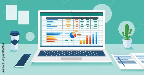 Accounting or Financial Management Software Program on Laptop Screen in Office Desk. Business and Finance Vector Illustration. photo