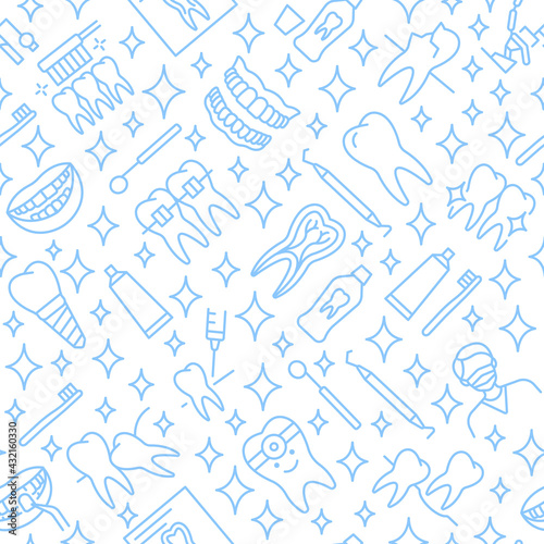 Dentistry seamless pattern with flat line icons blue color. Background for dental clinics disign