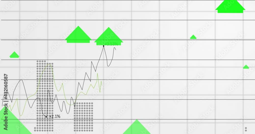 Animation of statistics recording and green arrows pointing up moving on grid on white background