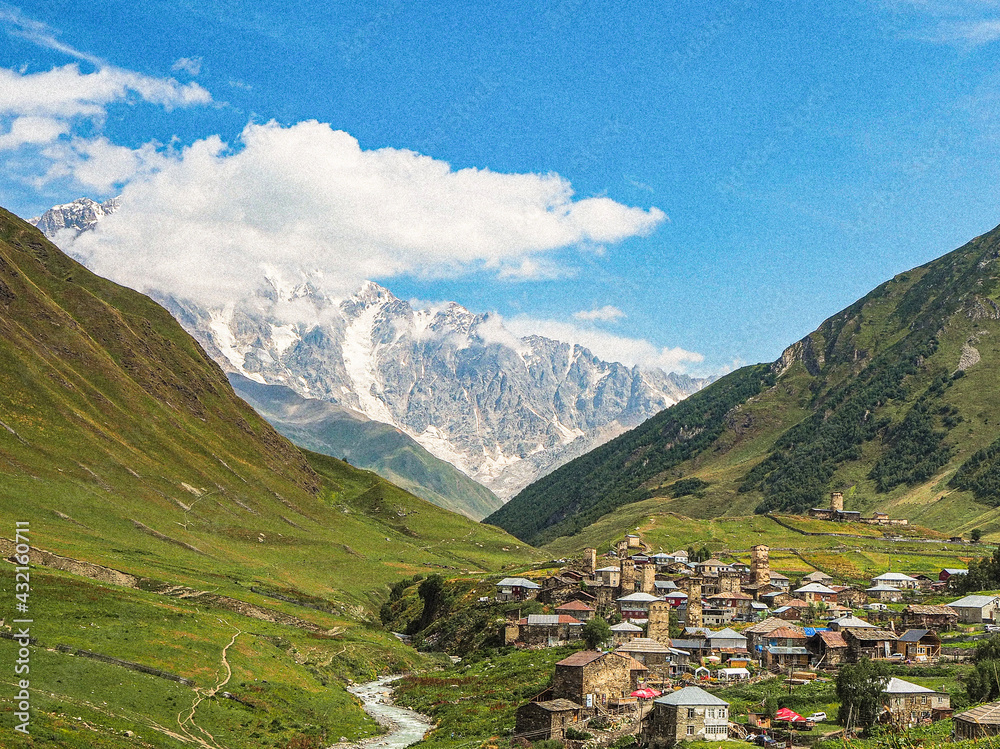 Panorama of the stone village of Ushguli in front of the mountains, Georgia 