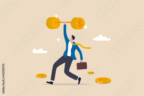 Financial literacy or investment advisor, wealth management concept, strong businessman lifting heavy money coin weights.