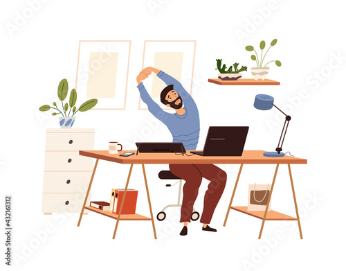 Man doing warm-up at the workplace, vector flat illustration isolated. Male practicing workout in the office, stretching by taking a break. Cartoon style.