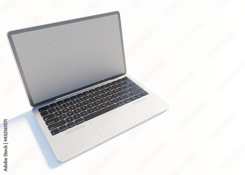 Modern laptop with empty screen on a white scene 3D rendering technology wallpaper backgrounds Modern laptop with empty screen on a white scene 3D rendering technology wallpaper backgrounds